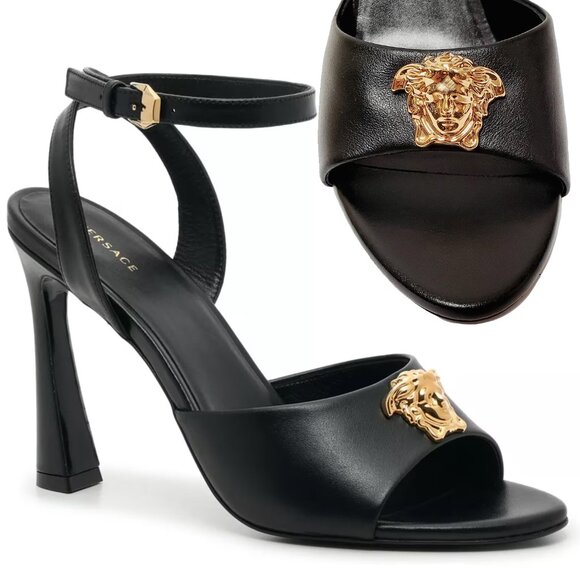 Versace Shoes - VERSACE SHOES BLACK LEATHER w MEDUSA HIGH HEEL SANDALS 38 / US 8